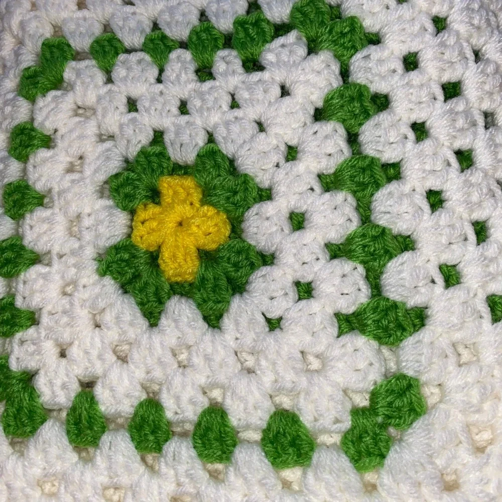 VTG Handmade Crochet Granny Square Afghan Blanket Throw 70x44 Green White Cream